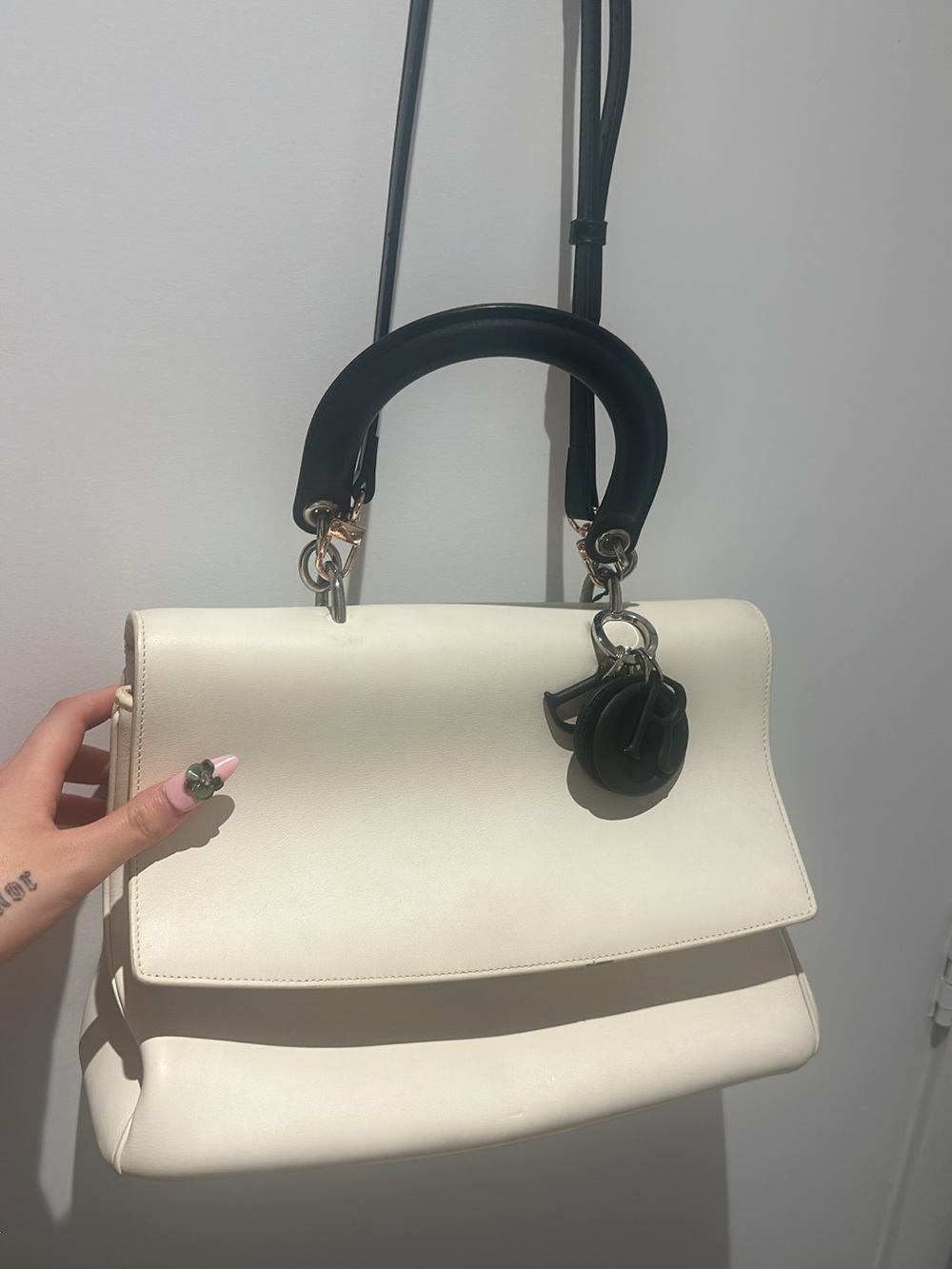 Dior Cream Leather Top-Handle Satchel with Black Handle and Charm